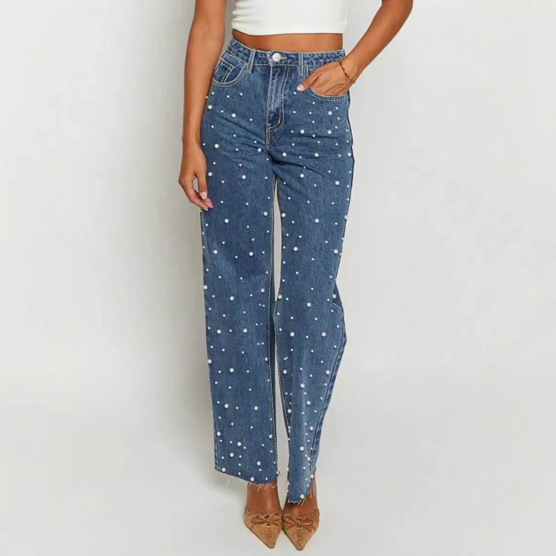 Fashion Ladies Narrow Version Denim Jeans High Waist Wide Leg Pants Pearl Embellished Frayed Hemline Casual High Elasticity
Fashion Ladies Narrow Version Denim Jeans High Waist Wide Leg Pants Pearl Embellished Frayed Hemline Casual High Elasticity