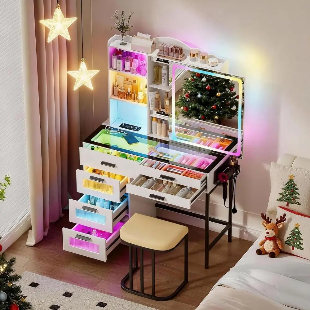 White LED Vanity Desk with Sliding Mirror, Charging Station, and 6-Drawer Storage for Girls' Bedroom
White LED Vanity Desk with Sliding Mirror, Charging Station, and 6-Drawer Storage for Girls' Bedroom
