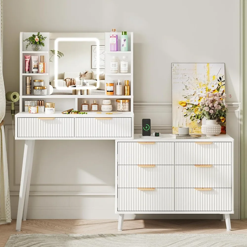 Vanity Desk with Mirror and Lights, Makeup Vanity with 8 Drawers & Shelves, L Shape Change & Storage, Dressing Table
Vanity Desk with Mirror and Lights, Makeup Vanity with 8 Drawers & Shelves, L Shape Change & Storage, Dressing Table