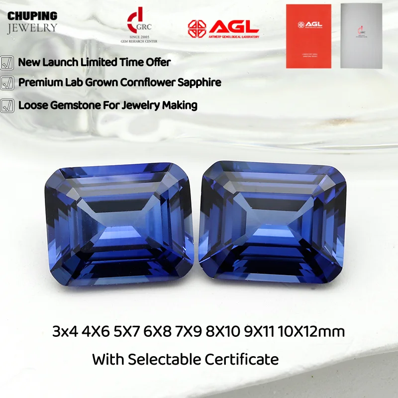 Premium Emerald Cut Lab Grown Cornflower Sapphire Flame Melted With AGL Certificate Loose Synthetic Sapphire For Jewelry Making
Premium Emerald Cut Lab Grown Cornflower Sapphire Flame Melted With AGL Certificate Loose Synthetic Sapphire For Jewelry Making