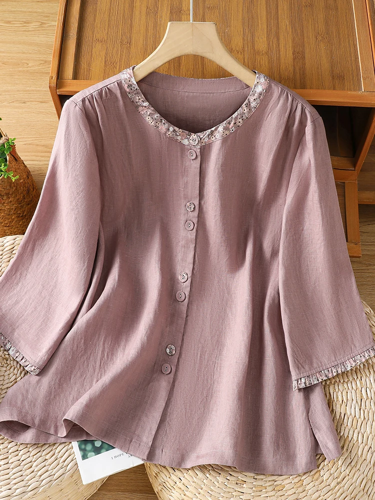 Retro Floral Lace Trim Splice Design Cotton Linen Women's Shirt round Neck Five Sleeve Versatile Top Summer 2026 Casual Wear
Retro Floral Lace Trim Splice Design Cotton Linen Women's Shirt round Neck Five Sleeve Versatile Top Summer 2026 Casual Wear