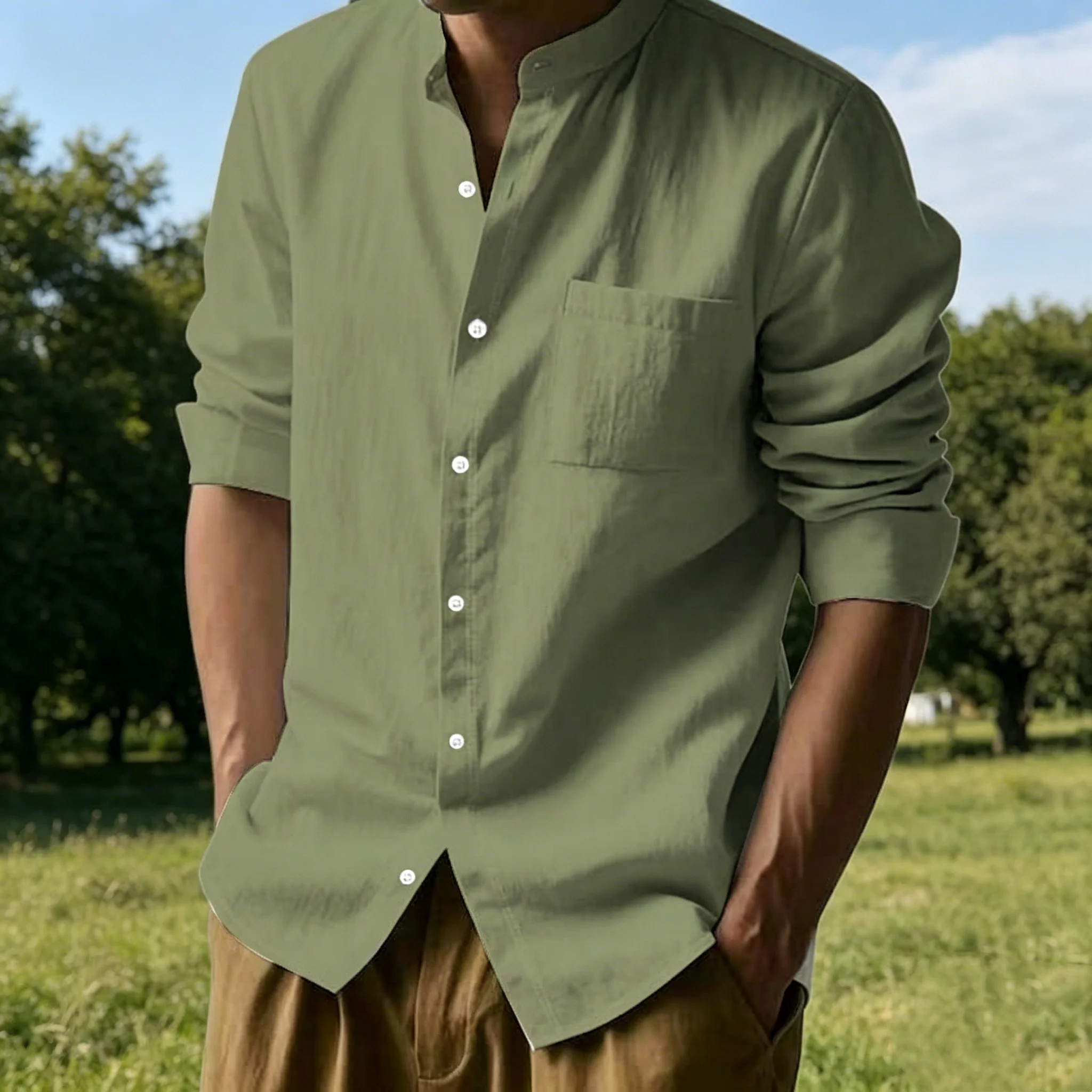 Men Loose Fit Stand Collar Single Chest Pocket Rollable Long Sleeve Linen Blend Shirt Casual Beach Daily Wear Shirts
Men Loose Fit Stand Collar Single Chest Pocket Rollable Long Sleeve Linen Blend Shirt Casual Beach Daily Wear Shirts