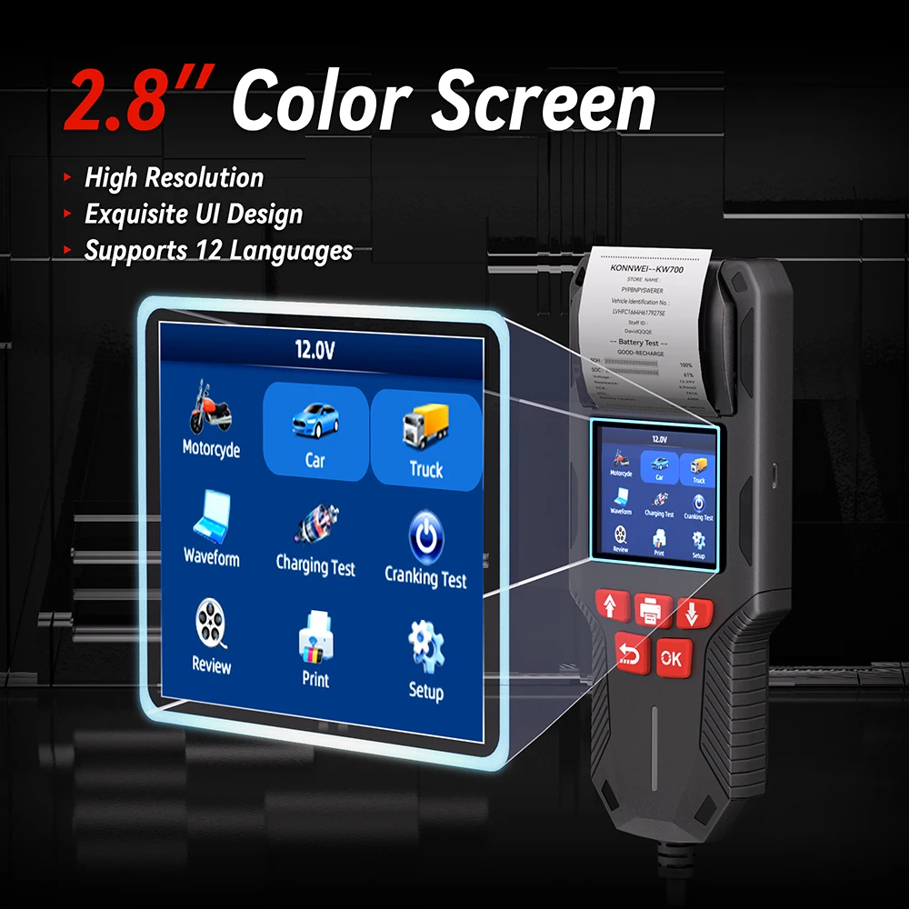 KONNWEI KW700 12V 24V Car & Truck Battery Tester with Print function 10-2000CCA Battery Analyzer Cranking Test Charging Test
KONNWEI KW700 12V 24V Car & Truck Battery Tester with Print function 10-2000CCA Battery Analyzer Cranking Test Charging Test