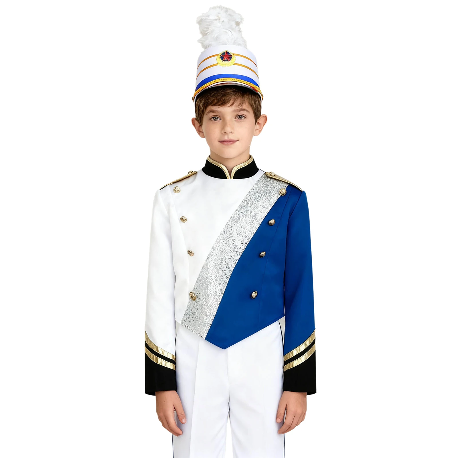 Marching Band Honor Guard Cosplay Costume Long Sleeve Sequins Shoulder Epaulets Tops with Feather Hat for Halloween
Marching Band Honor Guard Cosplay Costume Long Sleeve Sequins Shoulder Epaulets Tops with Feather Hat for Halloween