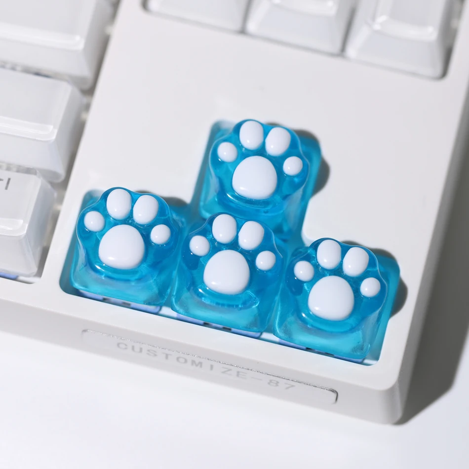 4pcs Blue Transparent Cat Claw Pad Resin Keycap for Mechanical Keyboard Keycap Gift Handmade Game Transparency Keycap Button Cap
