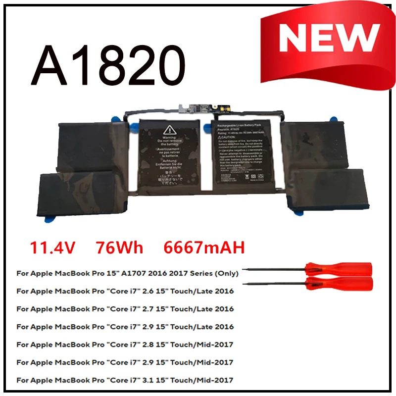 Новая батарея для ноутбука Apple MacBook Pro 15" A1707 (2016, 2017) и A1820 (2016, конец 2016) 76Wh с инструментами для замены в комплекте
Новая батарея для ноутбука Apple MacBook Pro 15" A1707 (2016, 2017) и A1820 (2016, конец 2016) 76Wh с инструментами для замены в комплекте