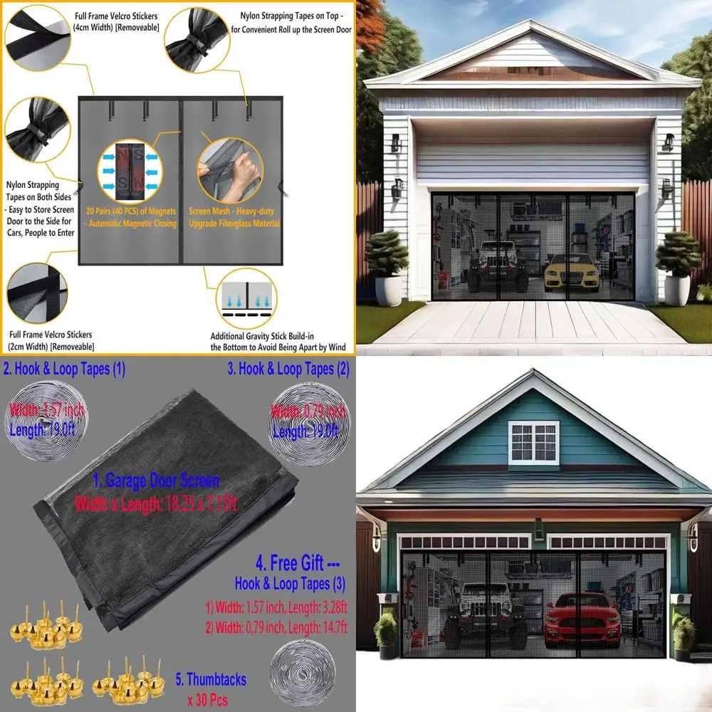 Durable Fiberglass Screen for 2-Car Garage, 18x7ft, with Hook & Loop Fasteners and Powerful Magnets for Easy Assembly - Black
Durable Fiberglass Screen for 2-Car Garage, 18x7ft, with Hook & Loop Fasteners and Powerful Magnets for Easy Assembly - Black