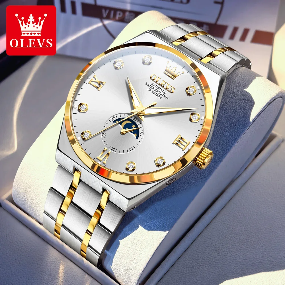 OLEVS Original Luxury Mens Mechanical Watch Stainless Steel Waterproof Luminous Moon Phase Watch Mens Business Automatic Watches
OLEVS Original Luxury Mens Mechanical Watch Stainless Steel Waterproof Luminous Moon Phase Watch Mens Business Automatic Watches