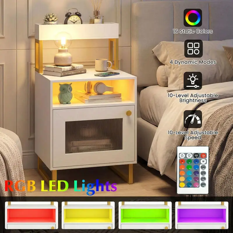 Nightstand with LED Lights Modern End Table with Top Tray Open Compartment and Storage Cabinet-White
Nightstand with LED Lights Modern End Table with Top Tray Open Compartment and Storage Cabinet-White
