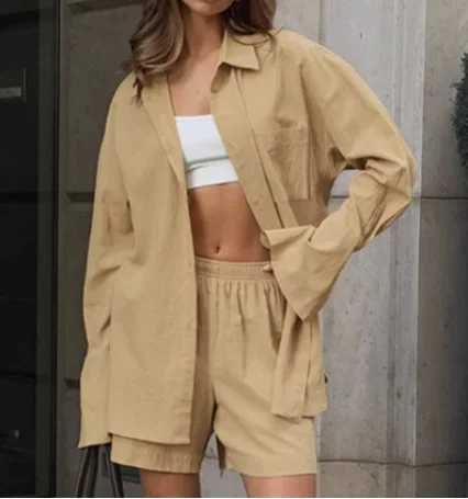 Y2K Short Set Khaki Cotton and Linen Lapel Single Breasted Long Sleeved Shirt Top Straight Shorts Set for Women's Casual Sets
Y2K Short Set Khaki Cotton and Linen Lapel Single Breasted Long Sleeved Shirt Top Straight Shorts Set for Women's Casual Sets