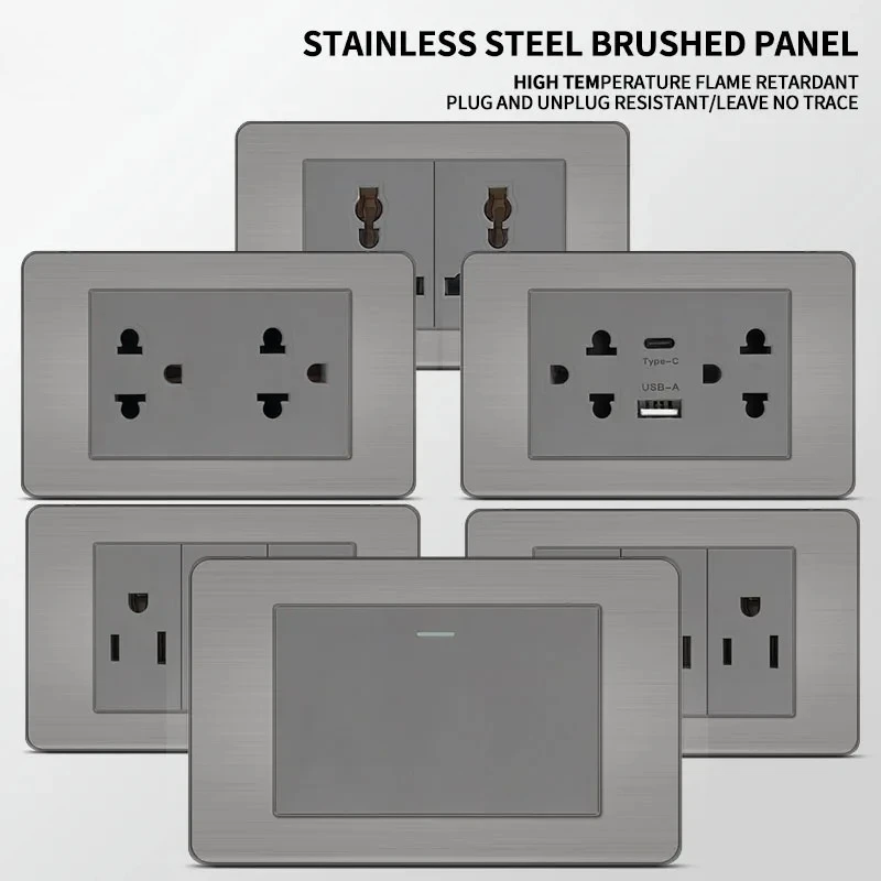 118*75mm Premium Stainless Steel Brushed Wall Socket with USB Type - C, US Switch, Thai Plug for Home & Office Use
118*75mm Premium Stainless Steel Brushed Wall Socket with USB Type - C, US Switch, Thai Plug for Home & Office Use