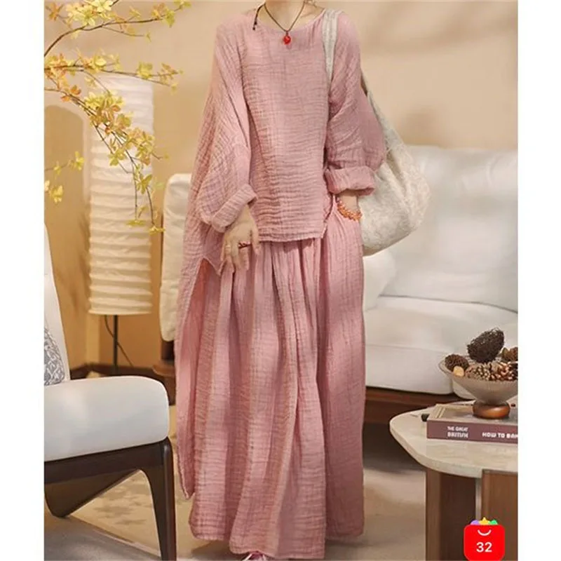 Pink Summer Women's Suit Long Sleeve High-Low Top Crepe Loose Long Skirt 2 Piece Sets Literary Blouse Breathable
Pink Summer Women's Suit Long Sleeve High-Low Top Crepe Loose Long Skirt 2 Piece Sets Literary Blouse Breathable