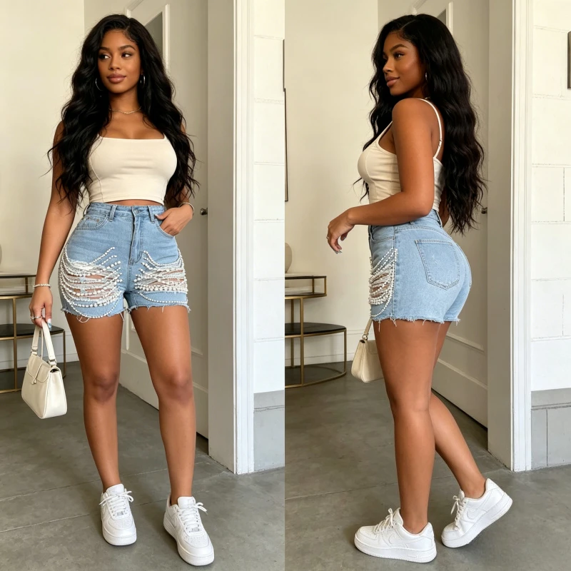 Denim Shorts Women Hole Jeans Ripped Pearl Chain Pockets Sexy Distressed Washed Short Pants High Waist Denims Streetwear 2026
Denim Shorts Women Hole Jeans Ripped Pearl Chain Pockets Sexy Distressed Washed Short Pants High Waist Denims Streetwear 2026