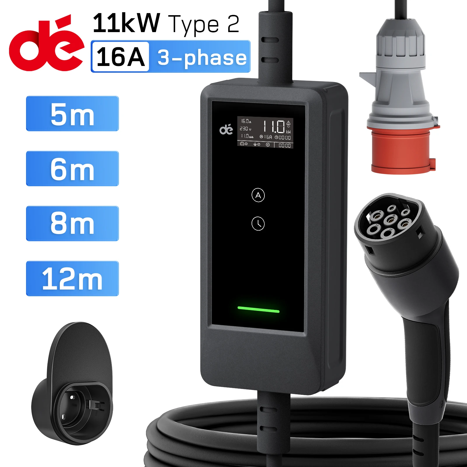 dé EV Charger 11kW with 6m 8m 12m Charging Cable 3-phase 6-16A Adjustable Charging Power IP66 CEE 16A to type2 Mobile Wallbox
dé EV Charger 11kW with 6m 8m 12m Charging Cable 3-phase 6-16A Adjustable Charging Power IP66 CEE 16A to type2 Mobile Wallbox