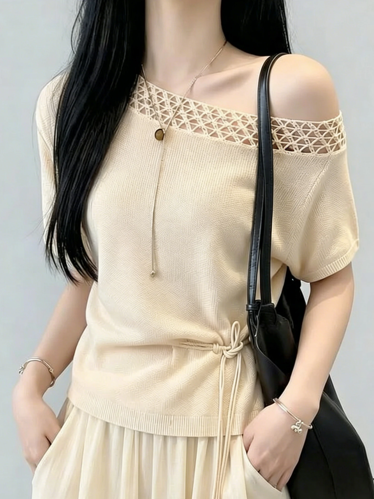 Trendy Hollow out Design Shoulder Knitted Top Slimming Short Sleeve Fashionable Korean Style Commute Soft Material Women's Shirt
Trendy Hollow out Design Shoulder Knitted Top Slimming Short Sleeve Fashionable Korean Style Commute Soft Material Women's Shirt