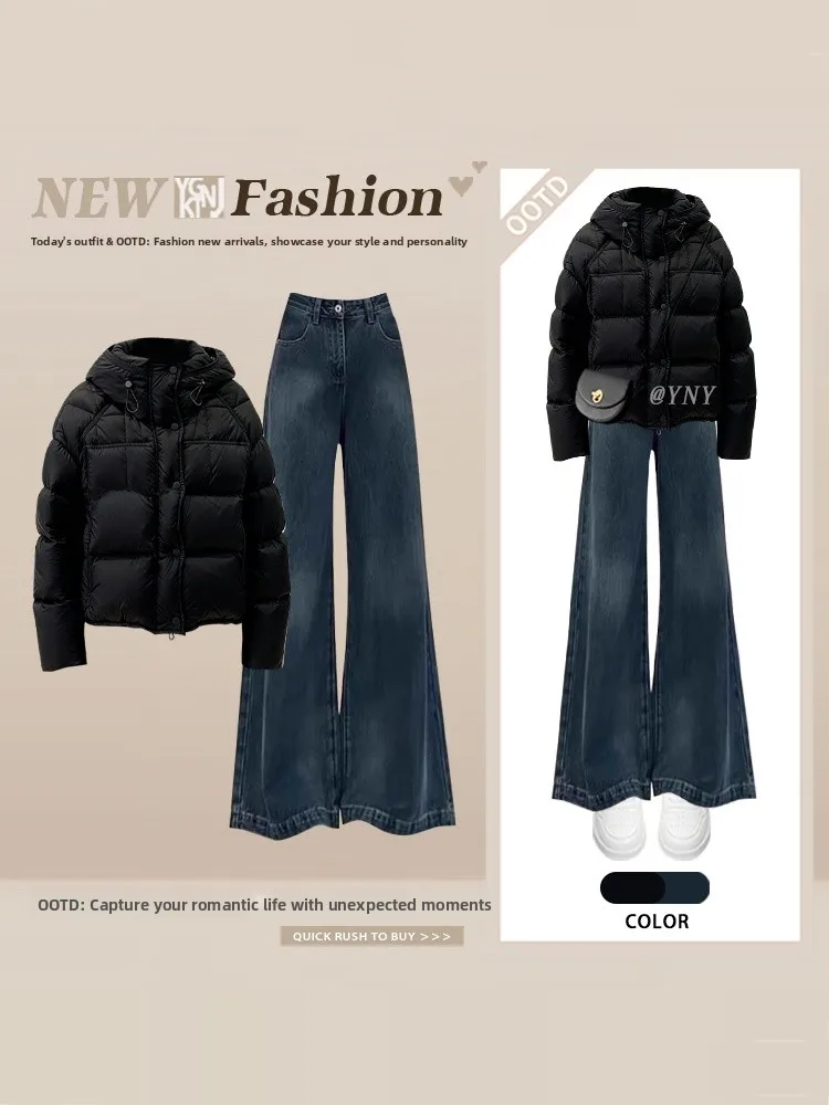 Winter Korean Sle Women's Loose Fit Hooded Cotton Jaet And Wide Leg Jeans Set High Waist Long Sve Faion Ensemble
Winter Korean Sle Women's Loose Fit Hooded Cotton Jaet And Wide Leg Jeans Set High Waist Long Sve Faion Ensemble
