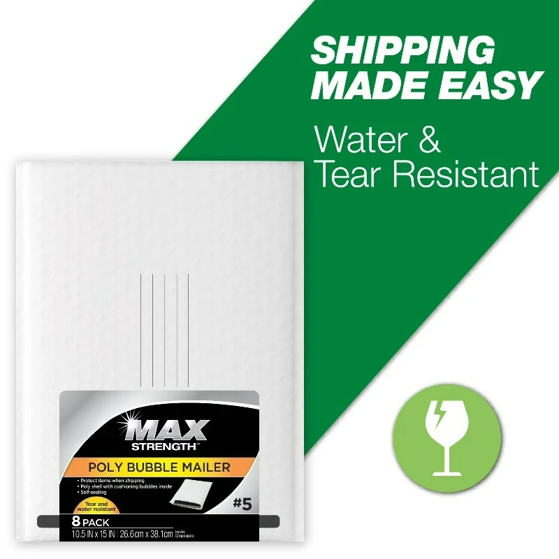 Max Strength Self-Sealing Poly Bubble Mailer #5, 10.5" x 15", Solid White, 8 Pack
Max Strength Self-Sealing Poly Bubble Mailer #5, 10.5" x 15", Solid White, 8 Pack