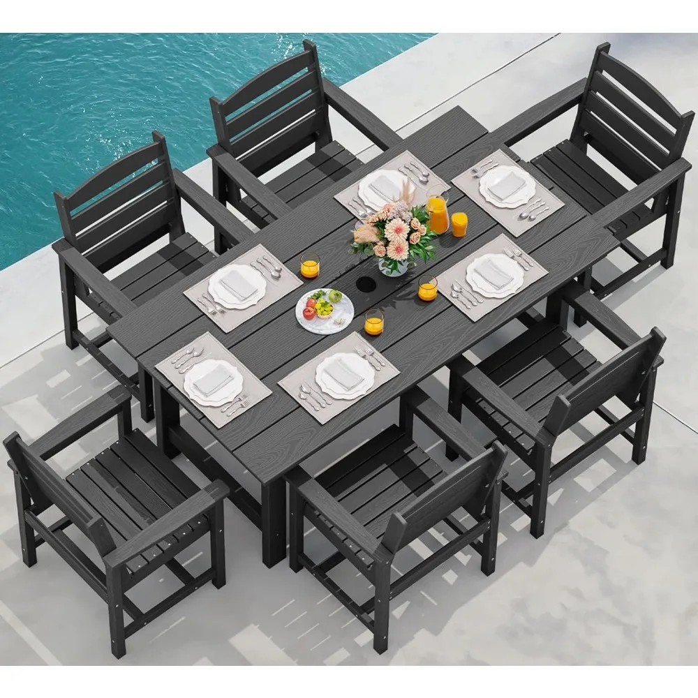 7-Piece Patio Dining Table Sets, Outdoor HDPE Dining Furniture Set with Umbrella Hole Cut-Out Table and 6 Chairs, Black
7-Piece Patio Dining Table Sets, Outdoor HDPE Dining Furniture Set with Umbrella Hole Cut-Out Table and 6 Chairs, Black