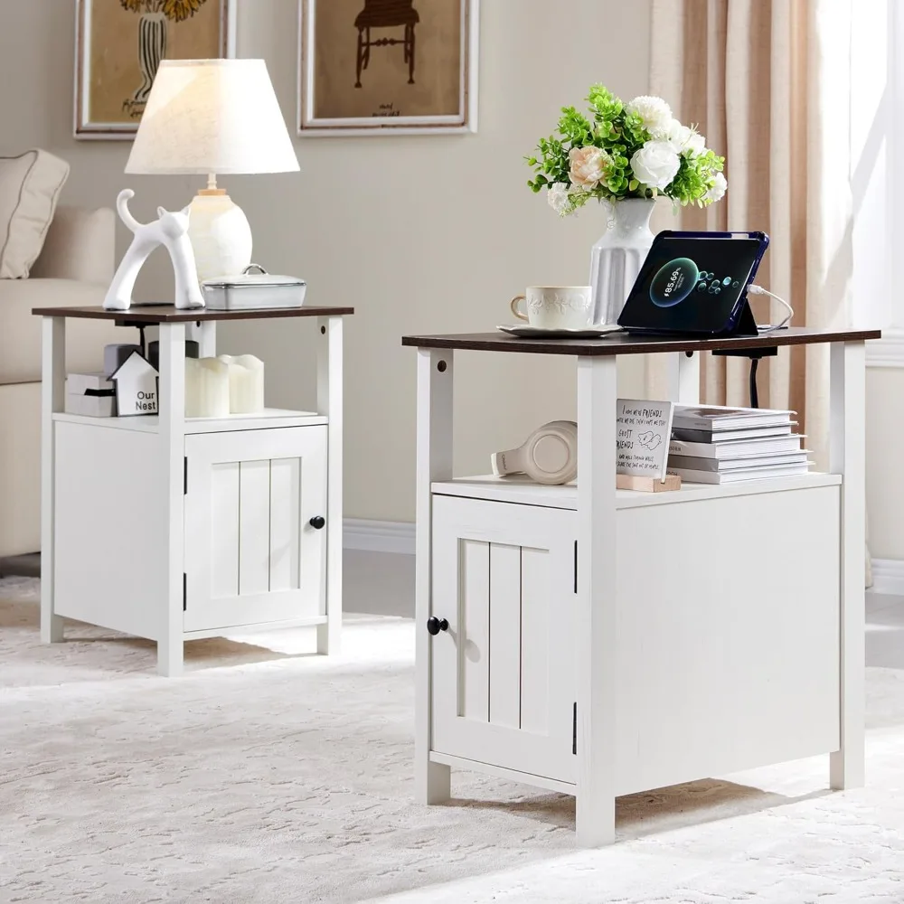 pair of rustic farmhouse nightstands with charging station, barn door side table with open shelves, and storage bedside table
pair of rustic farmhouse nightstands with charging station, barn door side table with open shelves, and storage bedside table