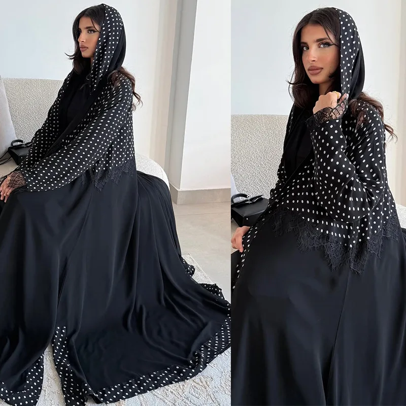 Modest's new fashionable long dress with lace and lace stitching technique, polka dot headscarf, cardigan jacket, worn externall
Modest's new fashionable long dress with lace and lace stitching technique, polka dot headscarf, cardigan jacket, worn externall