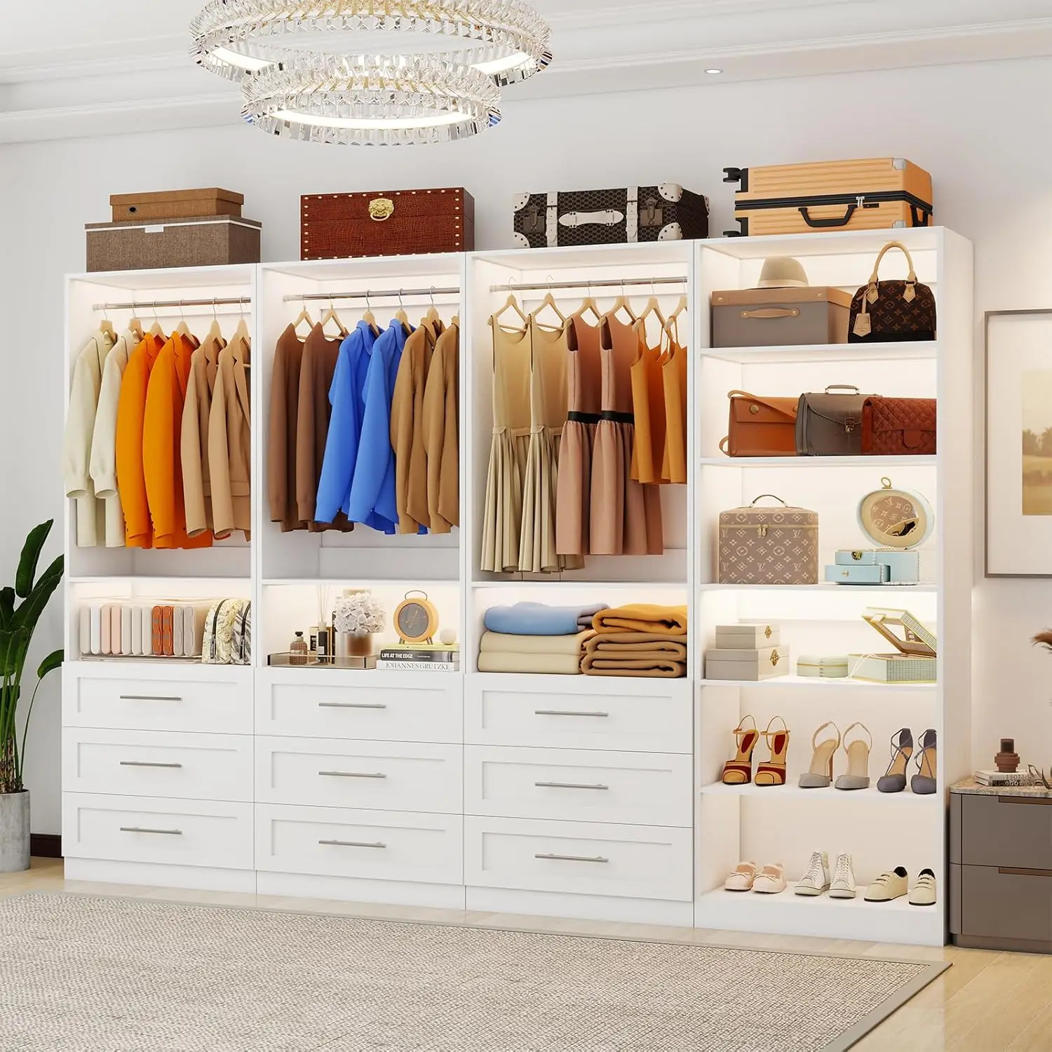 Closet System with 4 Sets, 8FT-21FT Closet Organizer Systems with 9 Wooden Drawers 9 Shelves & 5 Hanging Rods, Walk, Customized
Closet System with 4 Sets, 8FT-21FT Closet Organizer Systems with 9 Wooden Drawers 9 Shelves & 5 Hanging Rods, Walk, Customized