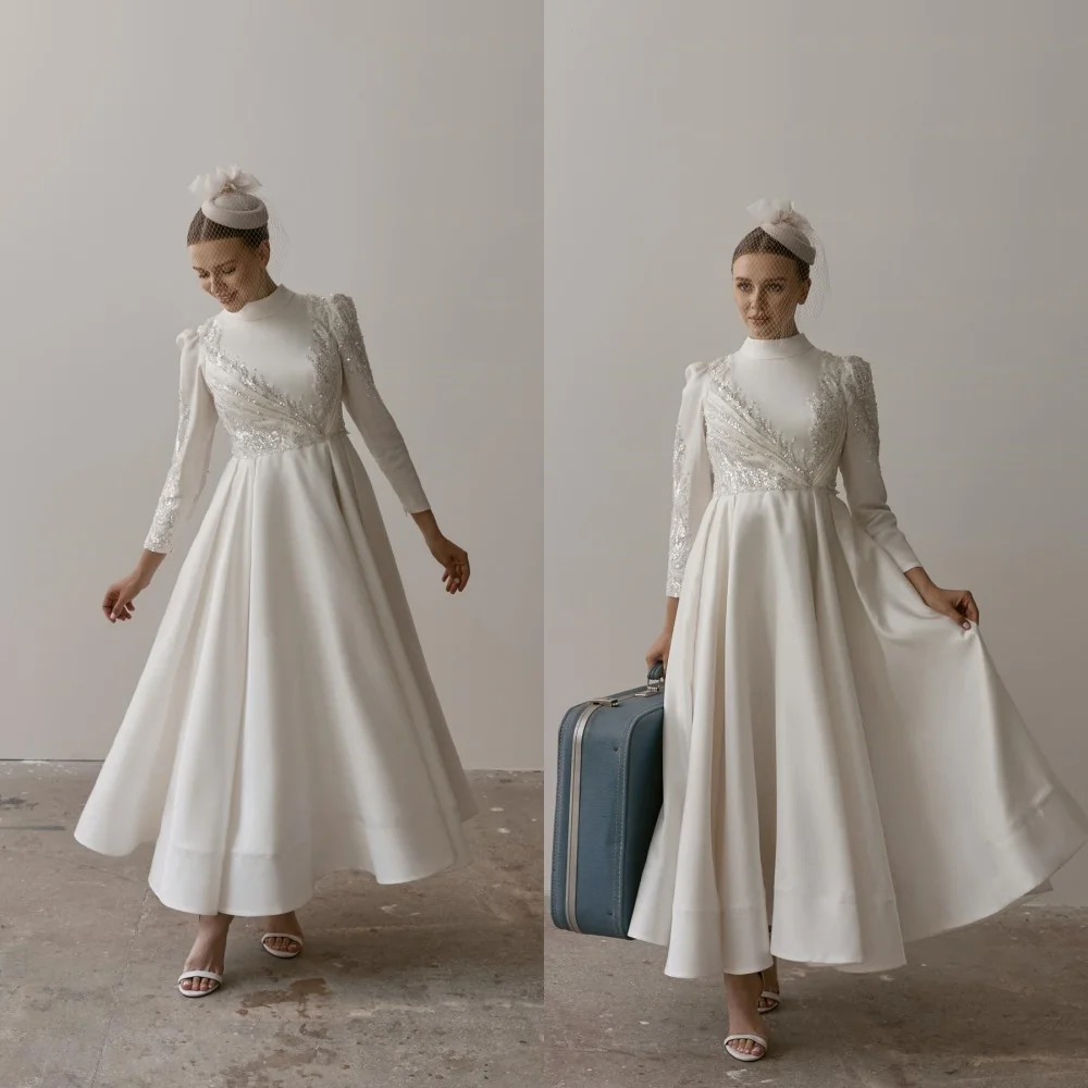 Customized Romantic White Satin Sequined Wedding Dress Elegant High Neckline Long Sleeves Court Train A-Line Bridal Gowns 
Customized Romantic White Satin Sequined Wedding Dress Elegant High Neckline Long Sleeves Court Train A-Line Bridal Gowns