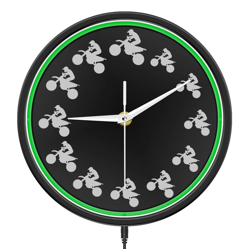 Dirt Bike Riders LED Lighted Wall Clock Extreme Sports Contemporary Mountain Bike Motorcycle Metal Frame Neon Glow in Dark Clock
Dirt Bike Riders LED Lighted Wall Clock Extreme Sports Contemporary Mountain Bike Motorcycle Metal Frame Neon Glow in Dark Clock