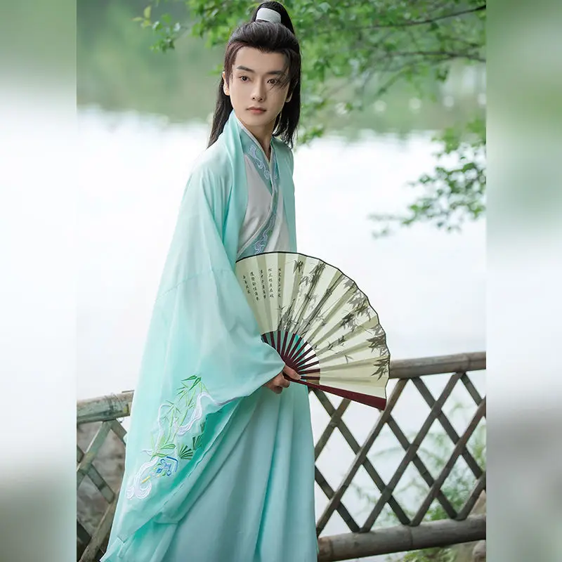 Blue-green Hanfu for male chiffon embroidery wide-sleeved Chinese style students Wuxia daily performanc Chines traditional dress
Blue-green Hanfu for male chiffon embroidery wide-sleeved Chinese style students Wuxia daily performanc Chines traditional dress