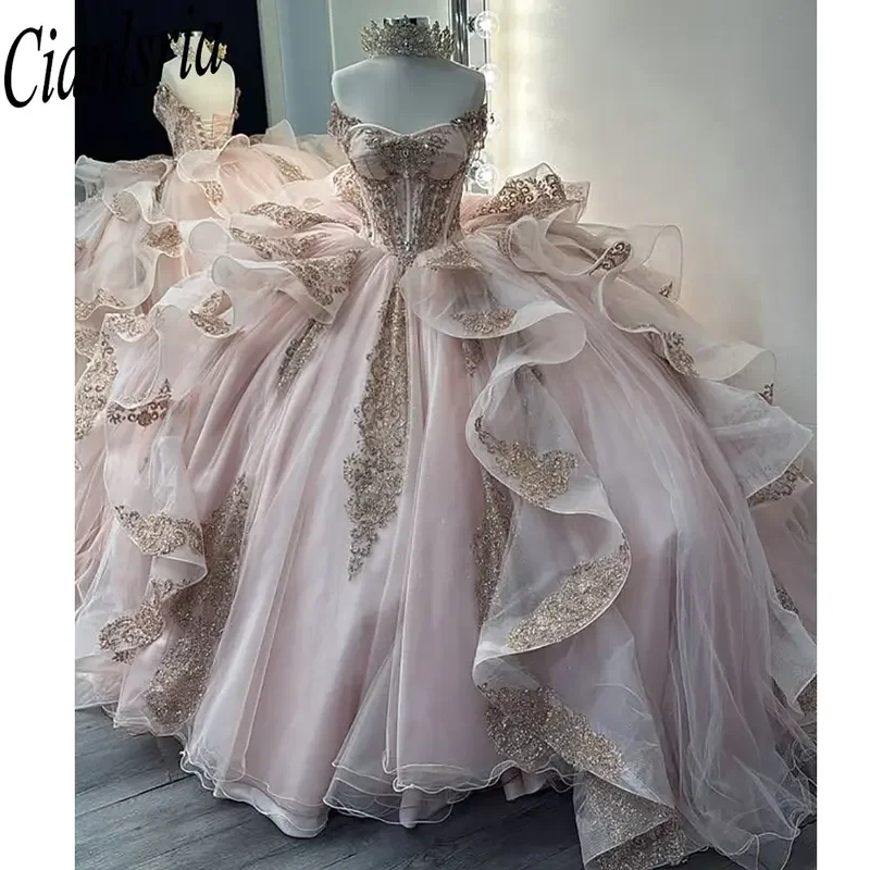 Розовое платье Quinceanera с открытыми плечами и оборками, бальное платье с золотыми аппликациями, кружево Sweet 15, мексиканское индивидуальное платье
Розовое платье Quinceanera с открытыми плечами и оборками, бальное платье с золотыми аппликациями, кружево Sweet 15, мексиканское индивидуальное платье