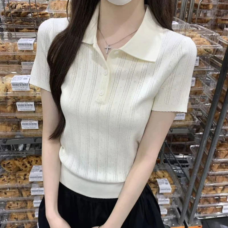 Blue Polo Neck Ice Silk Knitted Top Hollow Out Slim Fit Short Sleeve Turn-down Collar Women's Summer New Style Comfortable
Blue Polo Neck Ice Silk Knitted Top Hollow Out Slim Fit Short Sleeve Turn-down Collar Women's Summer New Style Comfortable