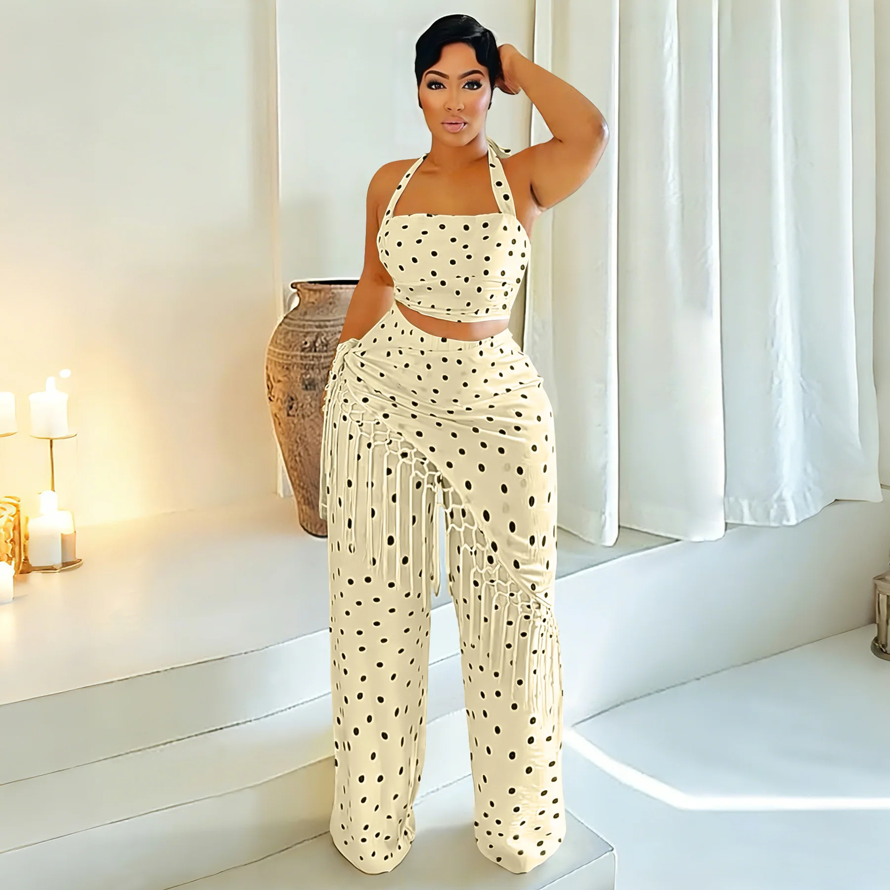 Elegant Polka Dot Women Halter Two Piece Set Crop Top + Fringe High Waist Wide Leg Pants Casual Summer Beach Vacation Outfit
Elegant Polka Dot Women Halter Two Piece Set Crop Top + Fringe High Waist Wide Leg Pants Casual Summer Beach Vacation Outfit