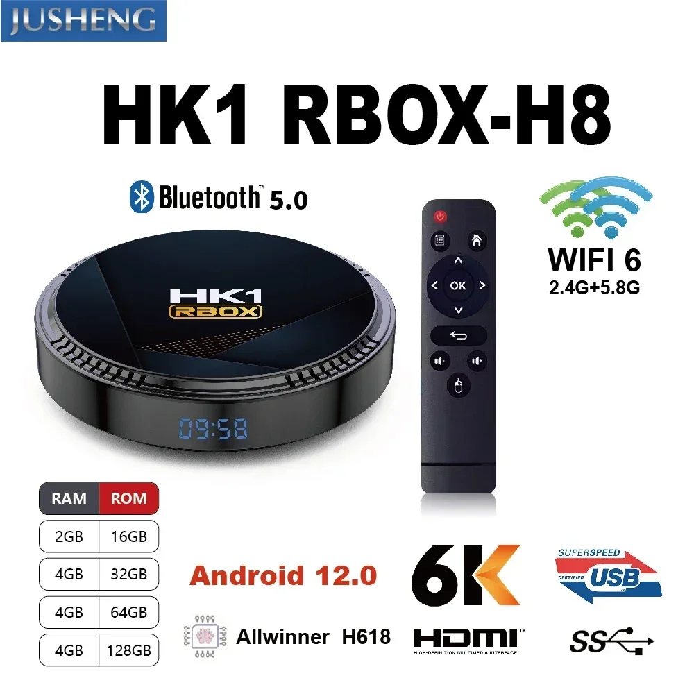 HK1 RBOX H8 Android 12.0 Smart TV Box Wifi 6 6k 2.4g & 5g Bluetooth 5.0 4g16g 32gb 64gb Quad Core Set Top Support Google Player
HK1 RBOX H8 Android 12.0 Smart TV Box Wifi 6 6k 2.4g & 5g Bluetooth 5.0 4g16g 32gb 64gb Quad Core Set Top Support Google Player