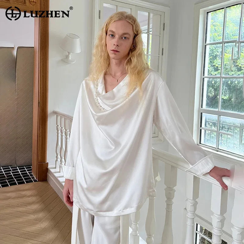 LUZHEN жемчужный лоскутный декор со свободным воротником, однотонные рубашки с длинными рукавами, мужская модная элегантная толстовка высокого качества JY4387 
LUZHEN жемчужный лоскутный декор со свободным воротником, однотонные рубашки с длинными рукавами, мужская модная элегантная толстовка высокого качества JY4387