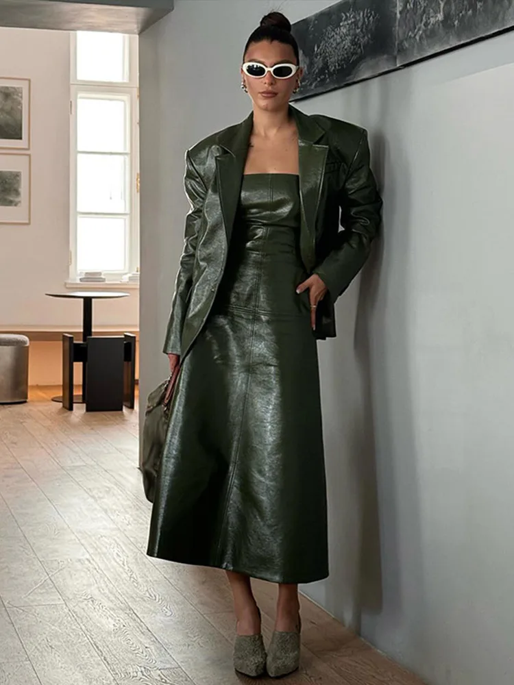 Sexy Off Shoulder Leather Coat Dresses Women Strapless Long Dress Outfits Loose Lapel Full Sleeve Jacket Fashion Two Piece Set
Sexy Off Shoulder Leather Coat Dresses Women Strapless Long Dress Outfits Loose Lapel Full Sleeve Jacket Fashion Two Piece Set