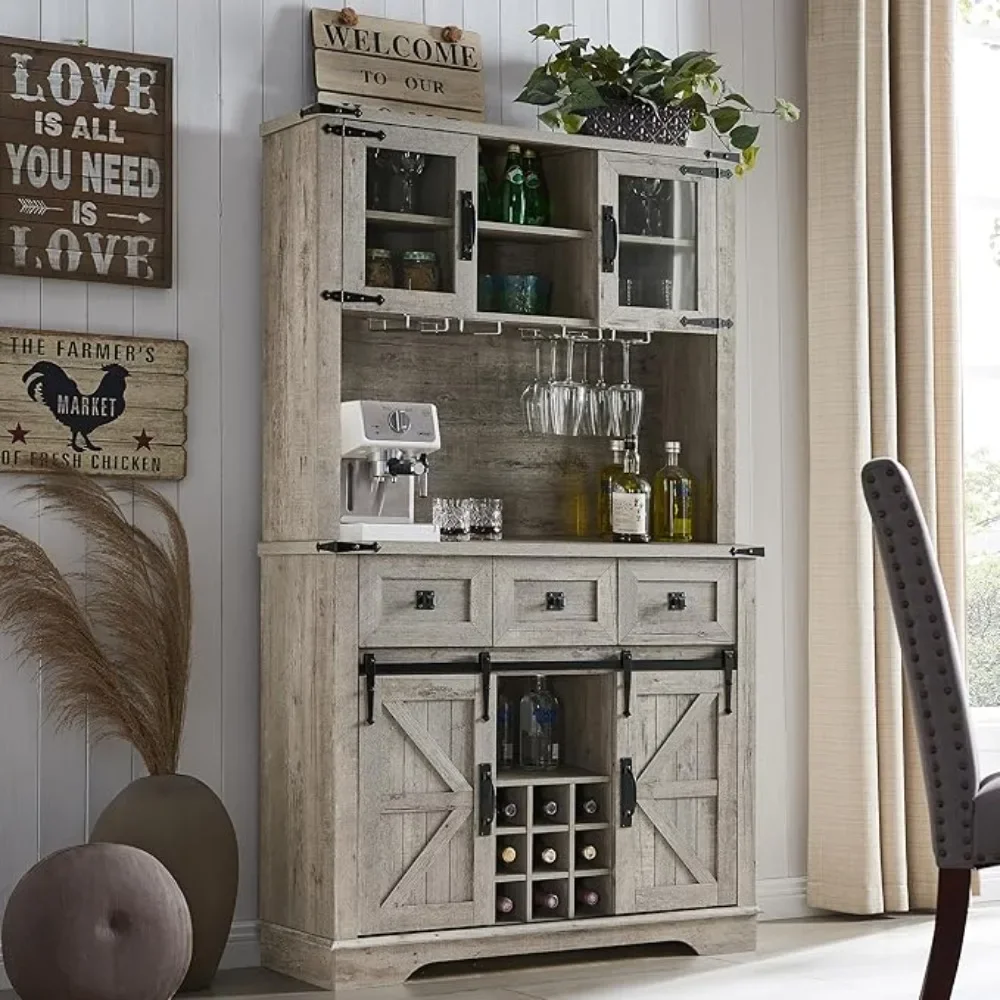 72" Bar Cabinet with Sliding Barn Door|Large Kitchen Buffet with Hutch w|Wine & Glasses Rack
72" Bar Cabinet with Sliding Barn Door|Large Kitchen Buffet with Hutch w|Wine & Glasses Rack