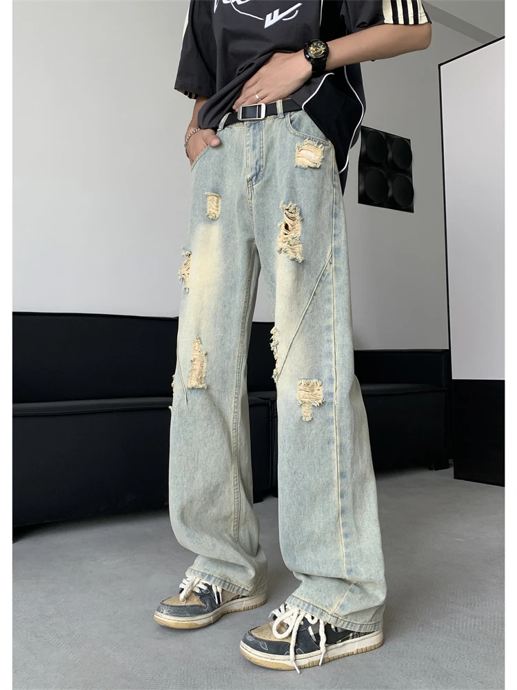 Retro American Hole Denim Jeans Men Summer Thin High Street Vibe High Waist Lift Thigh Micro Flare Straight Leg Trendy Pants
Retro American Hole Denim Jeans Men Summer Thin High Street Vibe High Waist Lift Thigh Micro Flare Straight Leg Trendy Pants