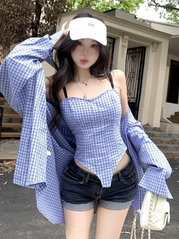 Blue Plaid Collar Long Sleeve Shirt Jacket Women's Autumn Outfit Set Irregular Strap Vest Two-Piece Set Korean Style Loo...
Blue Plaid Collar Long Sleeve Shirt Jacket Women's Autumn Outfit Set Irregular Strap Vest Two-Piece Set Korean Style Loo...