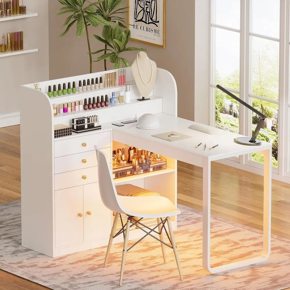 LED-Illuminated L-Shaped Nail Desk with Storage Drawers and Cabinet
LED-Illuminated L-Shaped Nail Desk with Storage Drawers and Cabinet