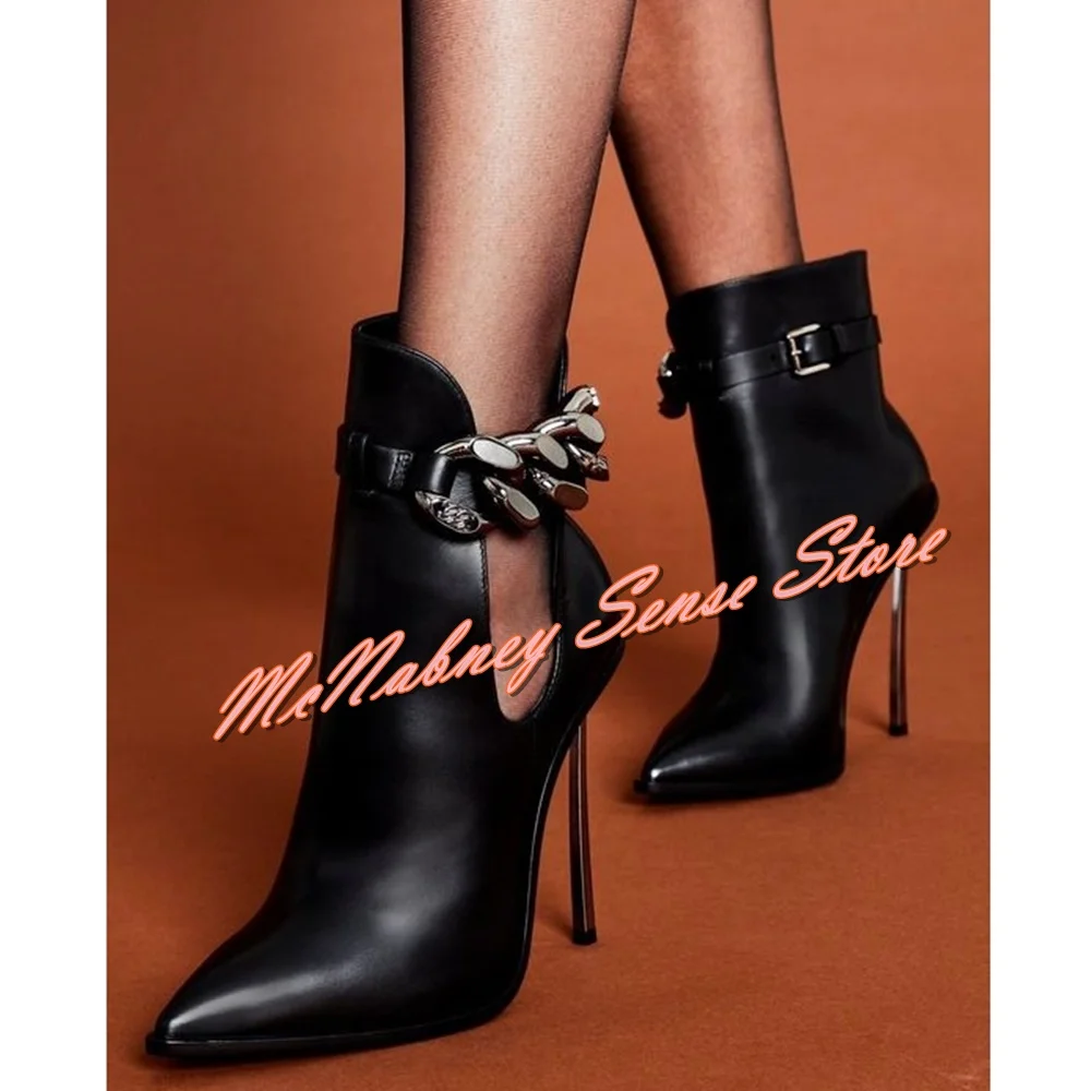 Metal Chain Pointy Toe Boots Thin High Heels Buckles Straps Short Boots Solid Leather Women Dress Shoes Autumn Winter Banquet
Metal Chain Pointy Toe Boots Thin High Heels Buckles Straps Short Boots Solid Leather Women Dress Shoes Autumn Winter Banquet