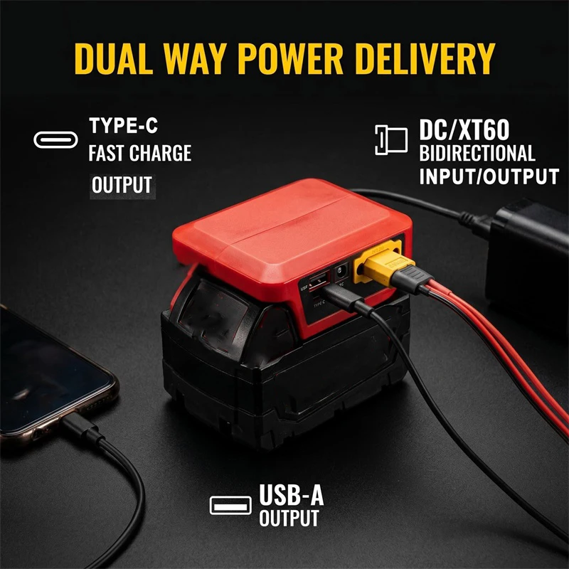 Battery adapter converter is compatible for Makita/DW/Milwaukee 18V lithium batteries and features USB, Type-C, and DC ports.
Battery adapter converter is compatible for Makita/DW/Milwaukee 18V lithium batteries and features USB, Type-C, and DC ports.