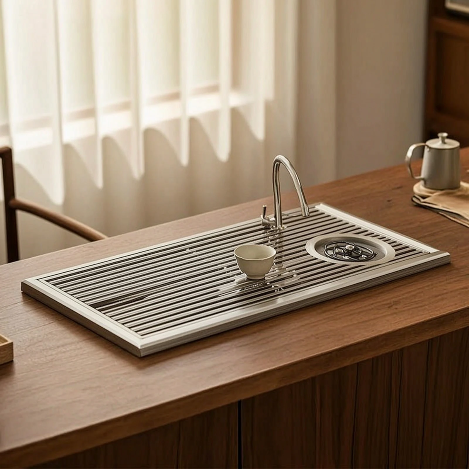 Brushed Finish Tea Brewing Tray with Drain Low Profile Inset Tray for Countertop Installation in Cafes
Brushed Finish Tea Brewing Tray with Drain Low Profile Inset Tray for Countertop Installation in Cafes