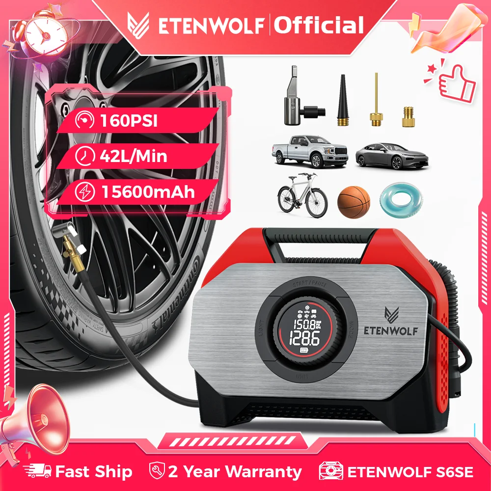 ETENWOLF VORTEX S6SE Cordless Tire Inflator Portable Air Compressor, 160 PSI Air Pump for Car Tires with 15600 mAh Battery
ETENWOLF VORTEX S6SE Cordless Tire Inflator Portable Air Compressor, 160 PSI Air Pump for Car Tires with 15600 mAh Battery