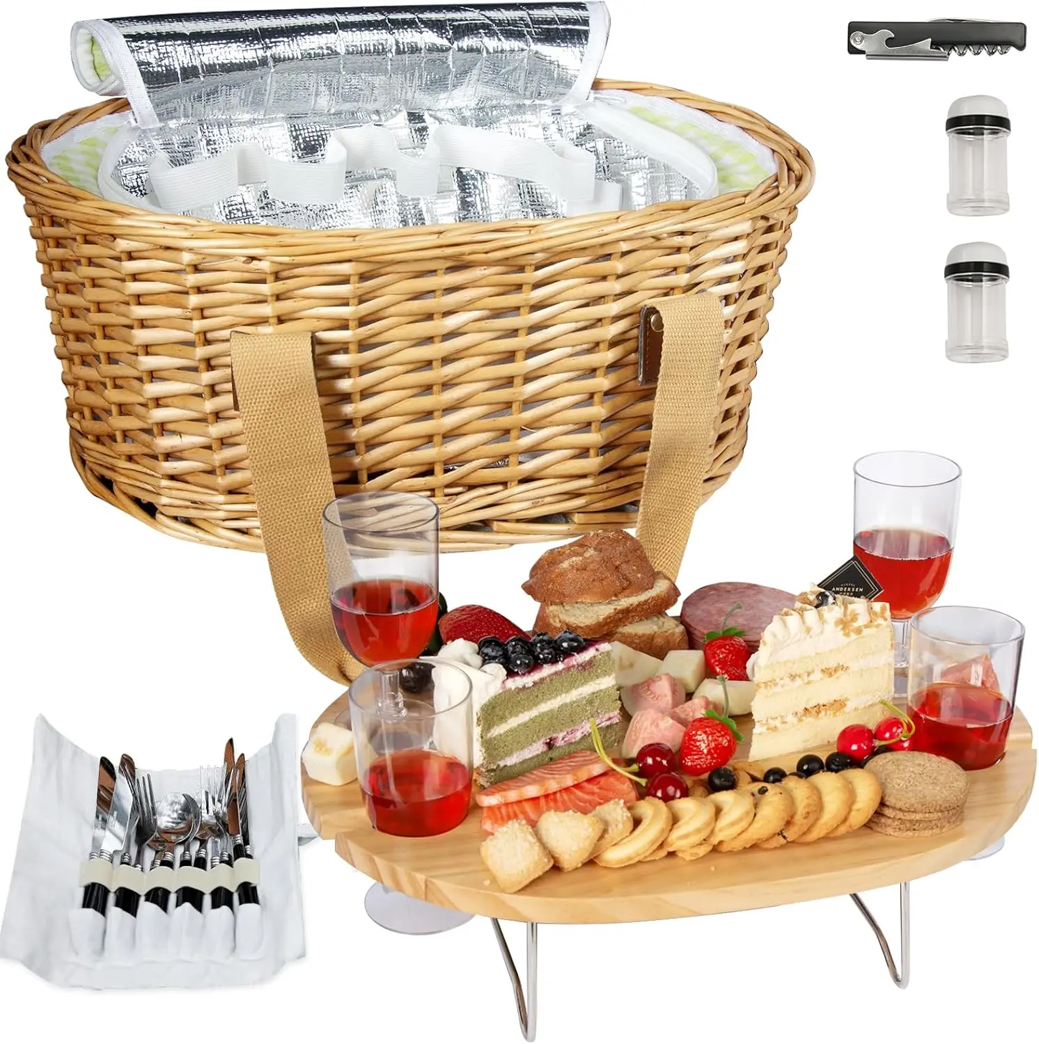 Wicker Picnic Basket Set for 4 with Folding Wine Table, Insulated Cooler & Cutlery Kits – Gift for Couples, Wedding
Wicker Picnic Basket Set for 4 with Folding Wine Table, Insulated Cooler & Cutlery Kits – Gift for Couples, Wedding