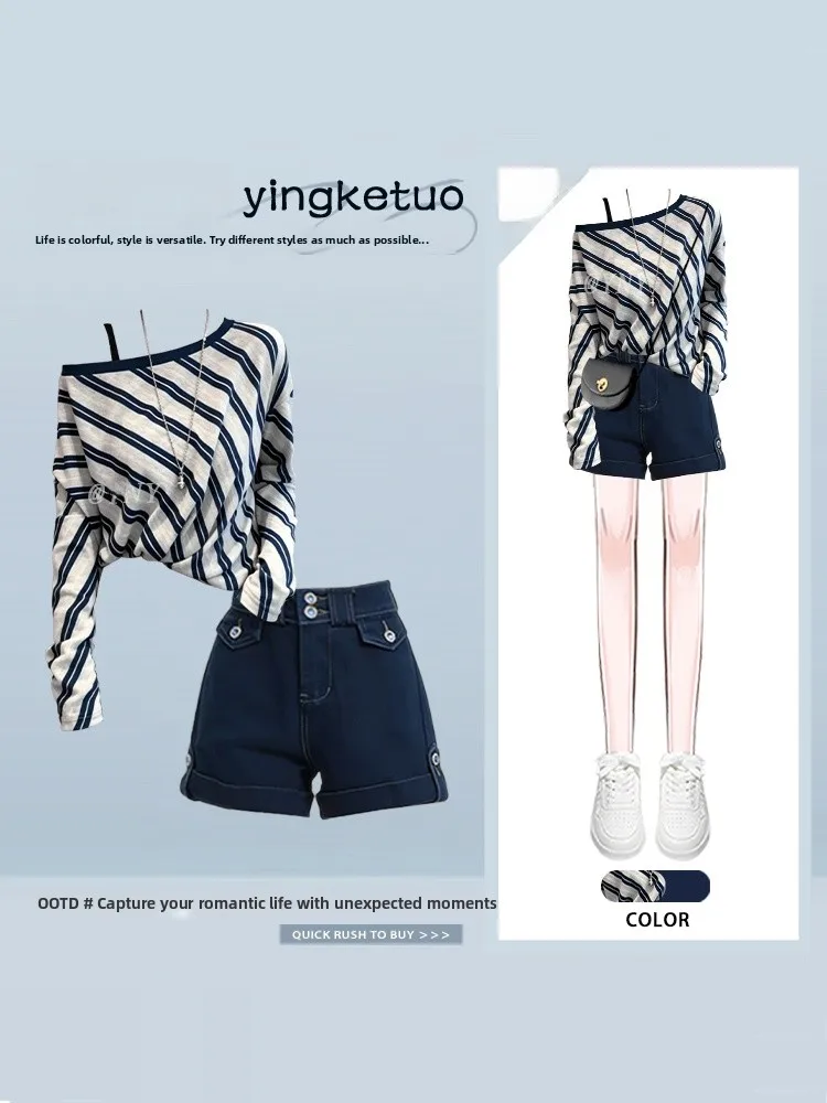 Summer OOTD Korean Style Diagonal Shoulder Striped Long Sleeve Women's Slim Fit Jeans Shorts Two Piece Set Fashionable Elegant
Summer OOTD Korean Style Diagonal Shoulder Striped Long Sleeve Women's Slim Fit Jeans Shorts Two Piece Set Fashionable Elegant