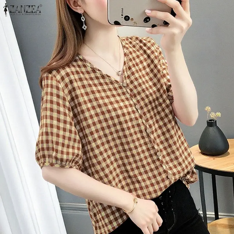 ZANZEA Women Loose Gingham Shirts Vintage Half Puff Sleeve V-Neck Button Up Tops Summer Daily Casual Plaid Blusas de Mujer
ZANZEA Women Loose Gingham Shirts Vintage Half Puff Sleeve V-Neck Button Up Tops Summer Daily Casual Plaid Blusas de Mujer