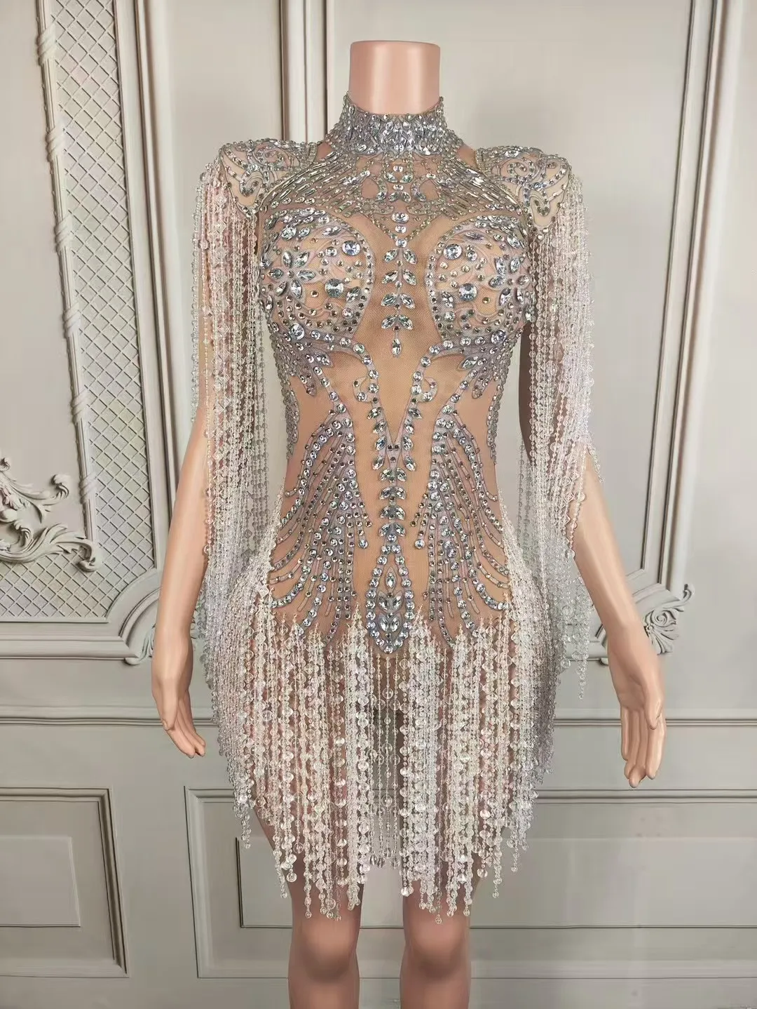 Sparkling sequin tasselrhinestone transparent dressfor women's birthday party dancer stage wear D267
Sparkling sequin tasselrhinestone transparent dressfor women's birthday party dancer stage wear D267