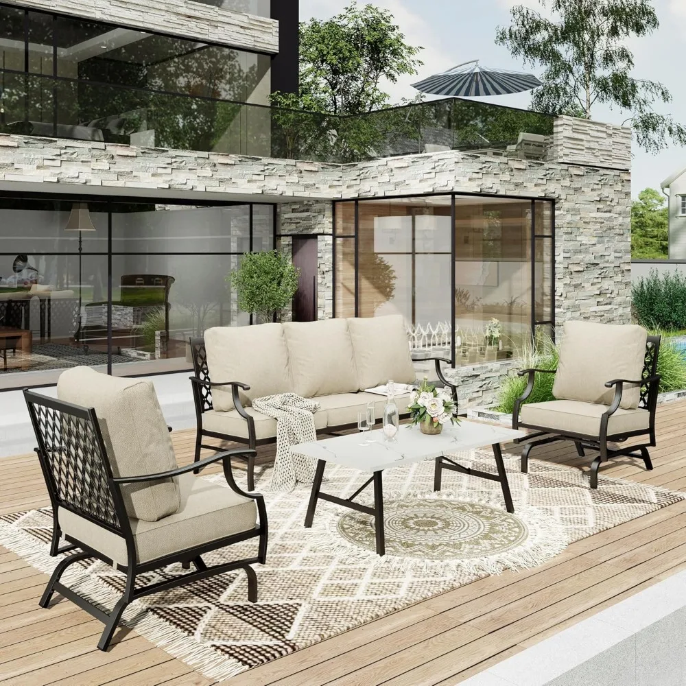 2 X Rocking Metal Frame Cushioned Chair, 3-Seat Sofa with Marbling Coffee Table, Garden Furniture Sets
2 X Rocking Metal Frame Cushioned Chair, 3-Seat Sofa with Marbling Coffee Table, Garden Furniture Sets