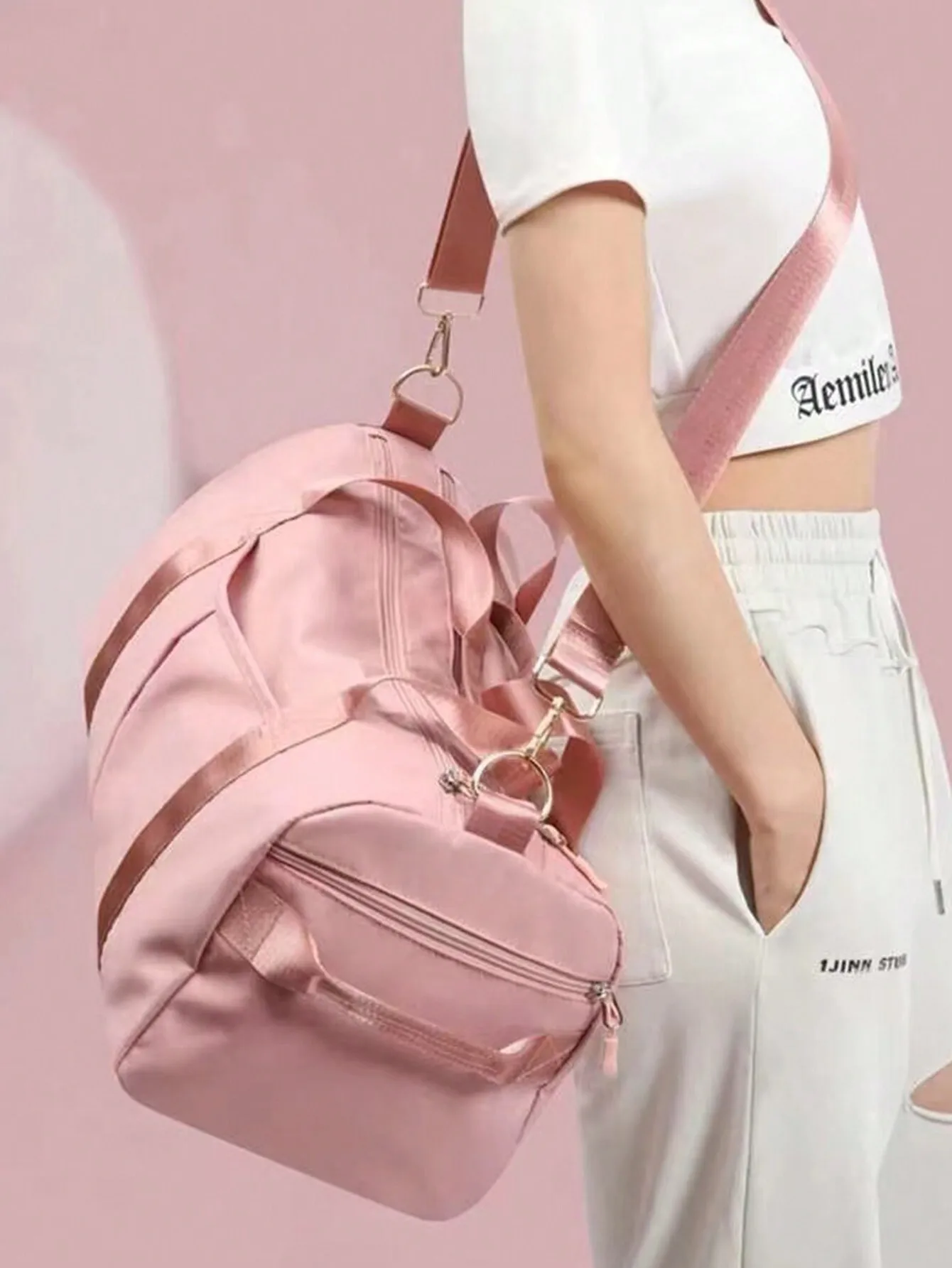 Pink Satin Trim Duffel Bag with Wet/Dry Compartment, Multi-Use Travel & Gym Bag
Pink Satin Trim Duffel Bag with Wet/Dry Compartment, Multi-Use Travel & Gym Bag