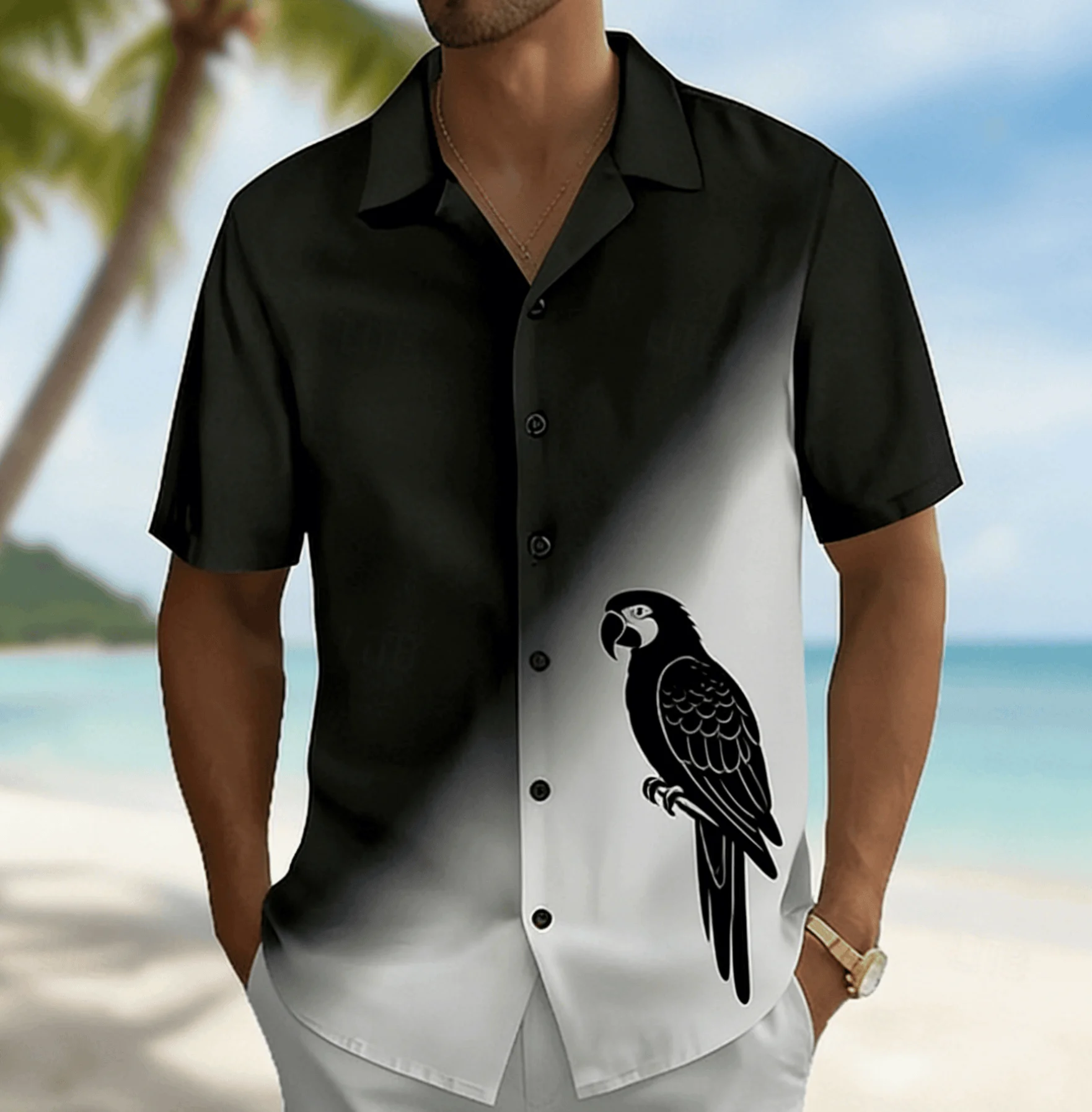 Men's Black White Gradient Silhouette Print Short Sleeve Shirt, Summer Minimalist Hawaiian Vacation Blouse, Loose Casual Top
Men's Black White Gradient Silhouette Print Short Sleeve Shirt, Summer Minimalist Hawaiian Vacation Blouse, Loose Casual Top