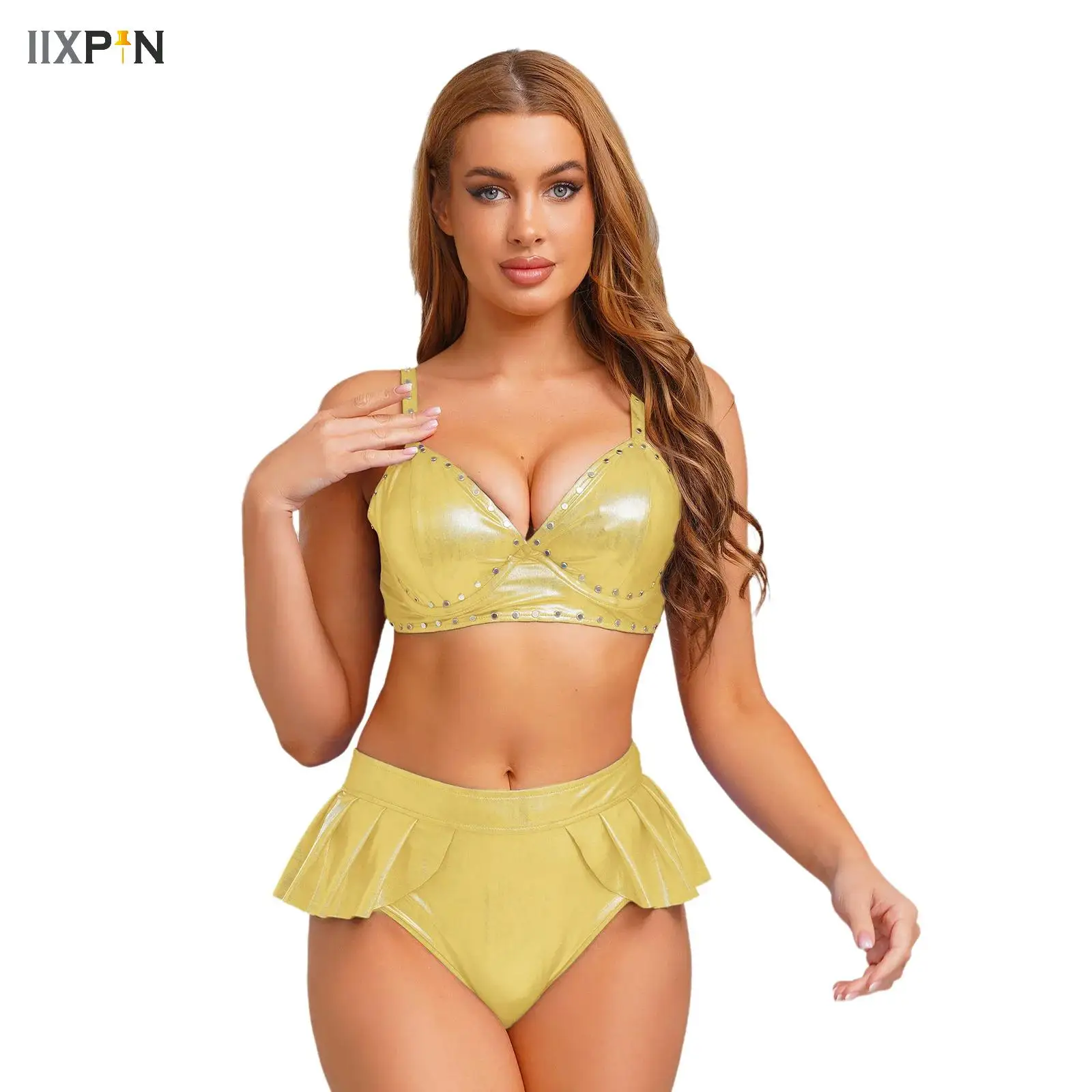 Women Metallic Set Camisole Bra Tops with Pleated Brief Shorts Hippie Rock Dance Sets Musical Festival Pole Dancing Costume
Women Metallic Set Camisole Bra Tops with Pleated Brief Shorts Hippie Rock Dance Sets Musical Festival Pole Dancing Costume